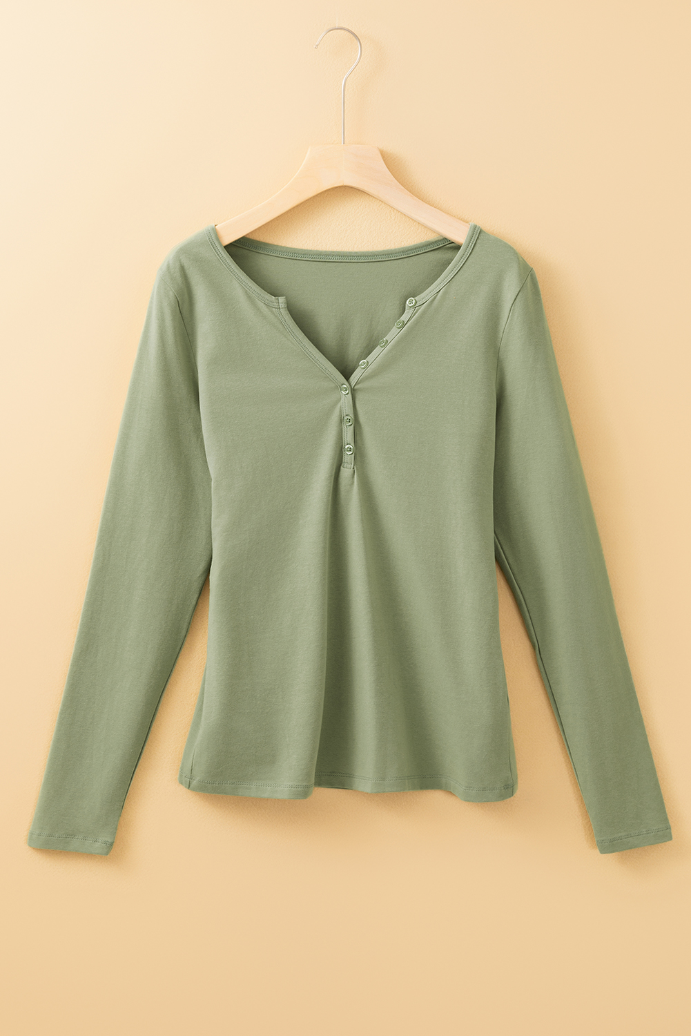 Pale Khaki Long Sleeve Buttons V Neck Slim Fit Top
