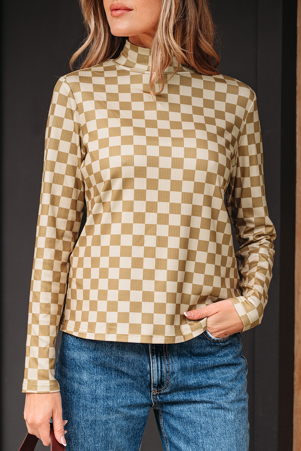Khaki Check Pattern Turtleneck Ribbed Slim Long Sleeve Tee