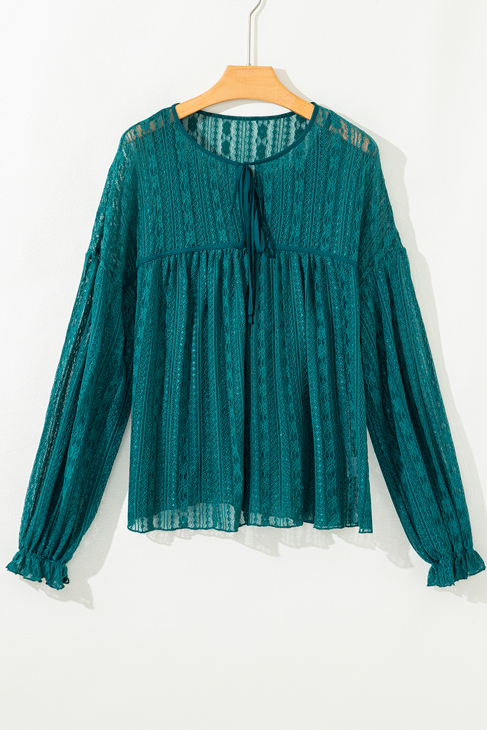 Evergreen Sheer Lace Balloon Sleeve Babydoll Blouse