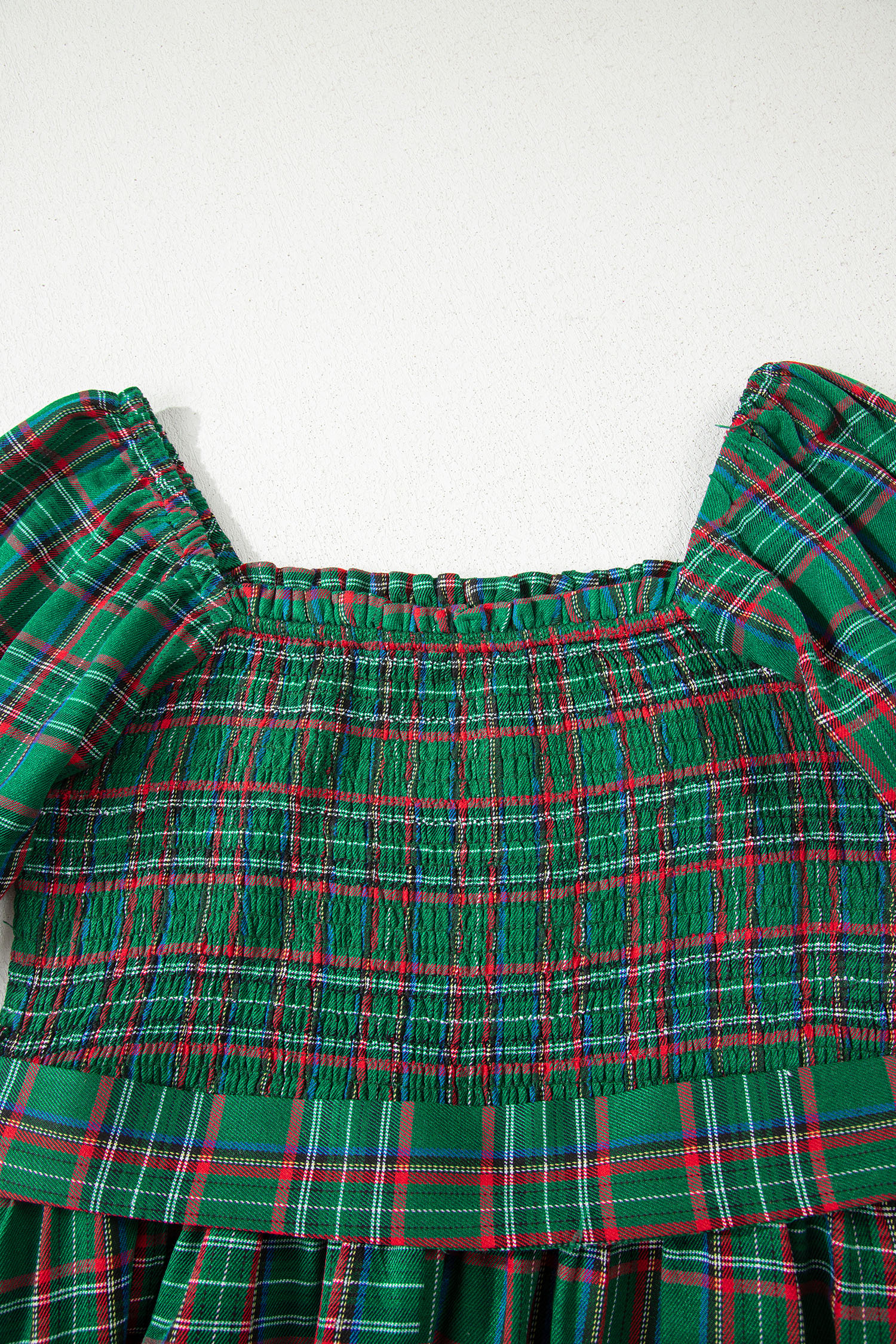 Red Tartan Plaid Square Neck Puff Sleeve Knot Waist Flared Midi Dress