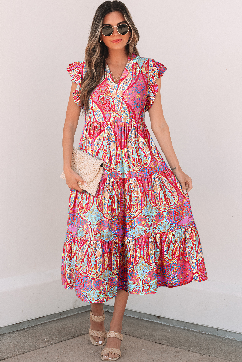 Rose Tribal Paisley Print Ruffled Sleeve Notch Neck Midi Dress