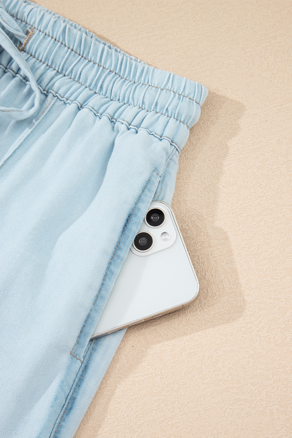 Beau Blue Light Wash Contrast Trim Center Seam Drawstring Elastic Waistband Wide Leg Denim Pants