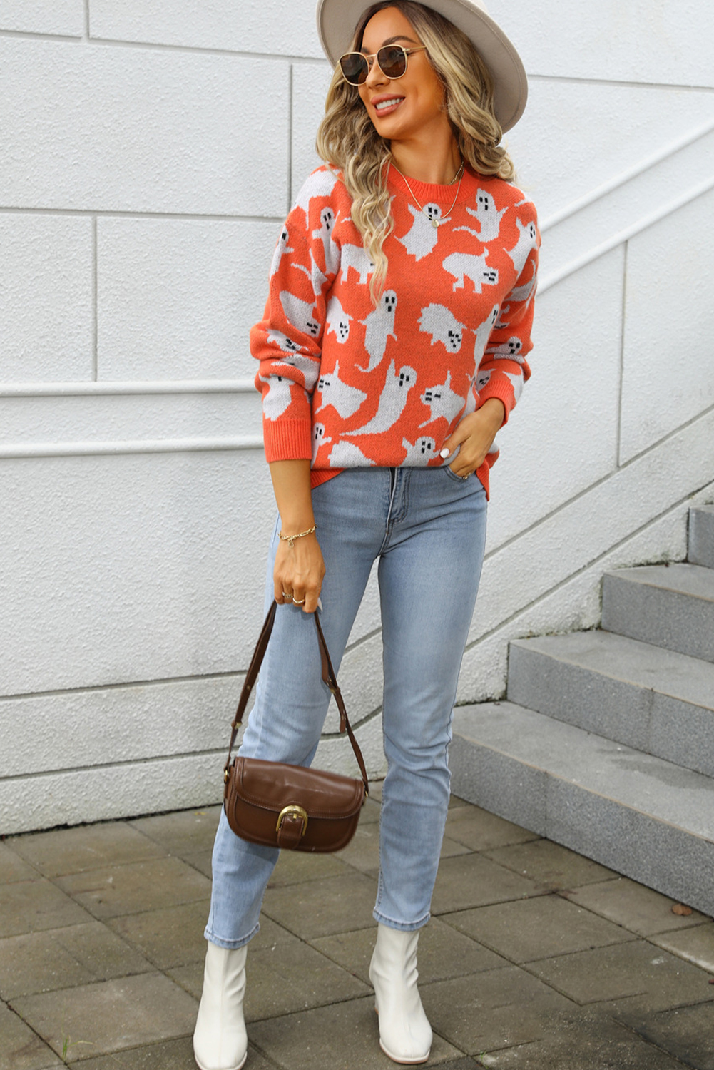 Black Halloween Ghost Allover Drop Shoulder Holiday Sweater