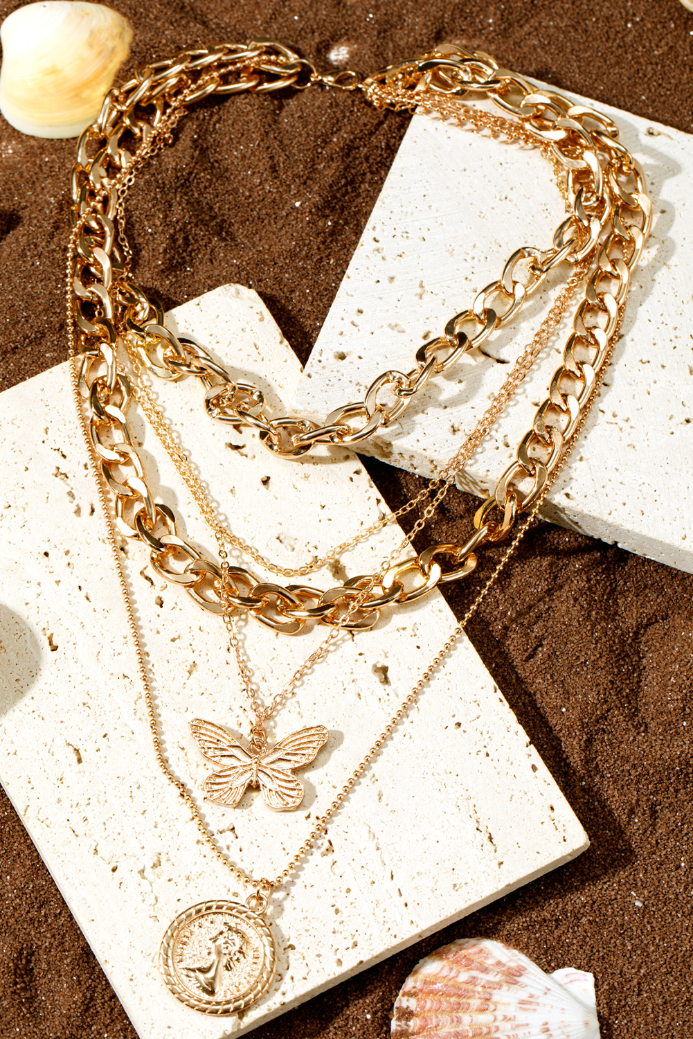 Gold Plated Alloy Multilayer Butterfly Charm Necklace