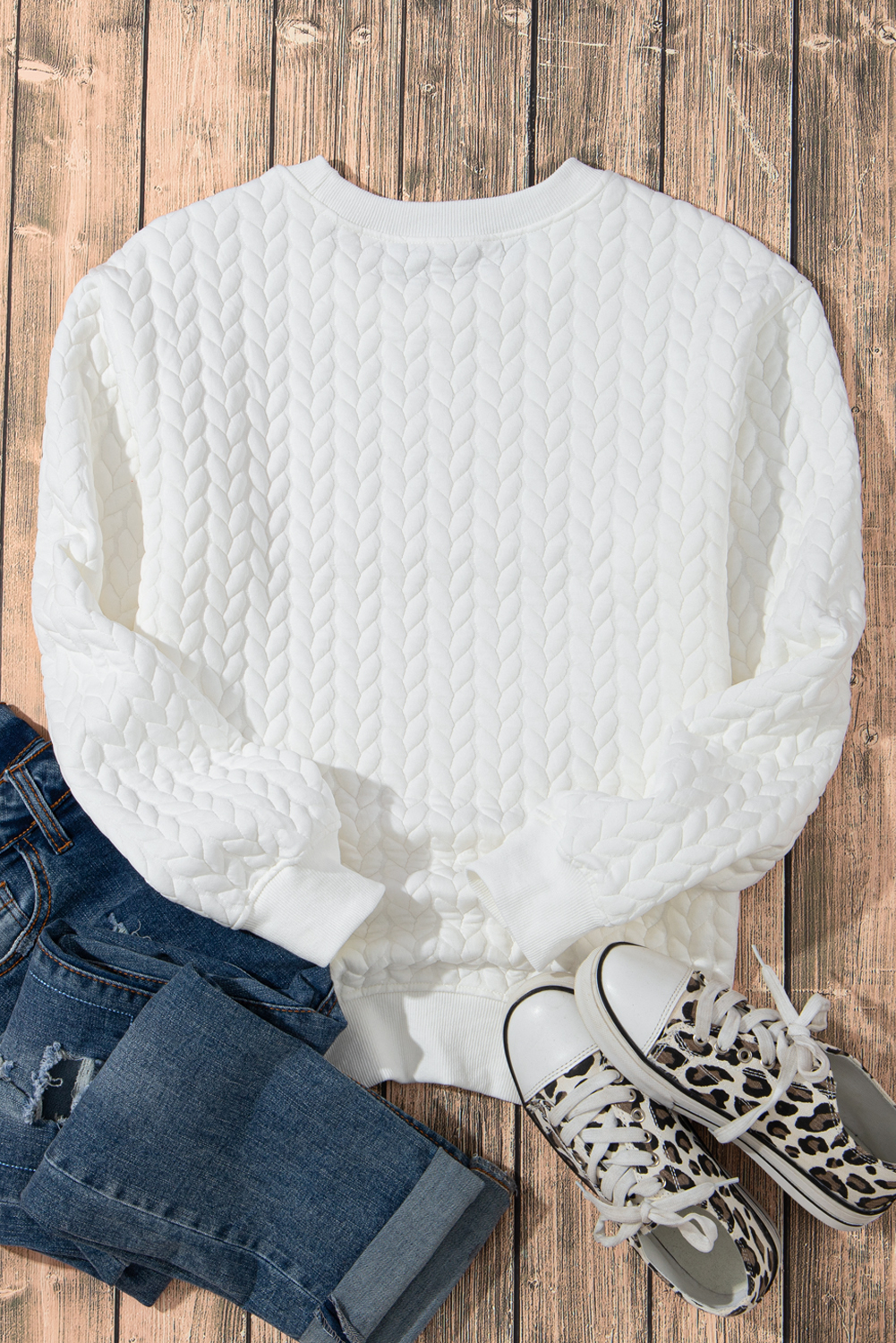 White LOVE Chenille Embroidered Cable Knit Pullover Sweatshirt