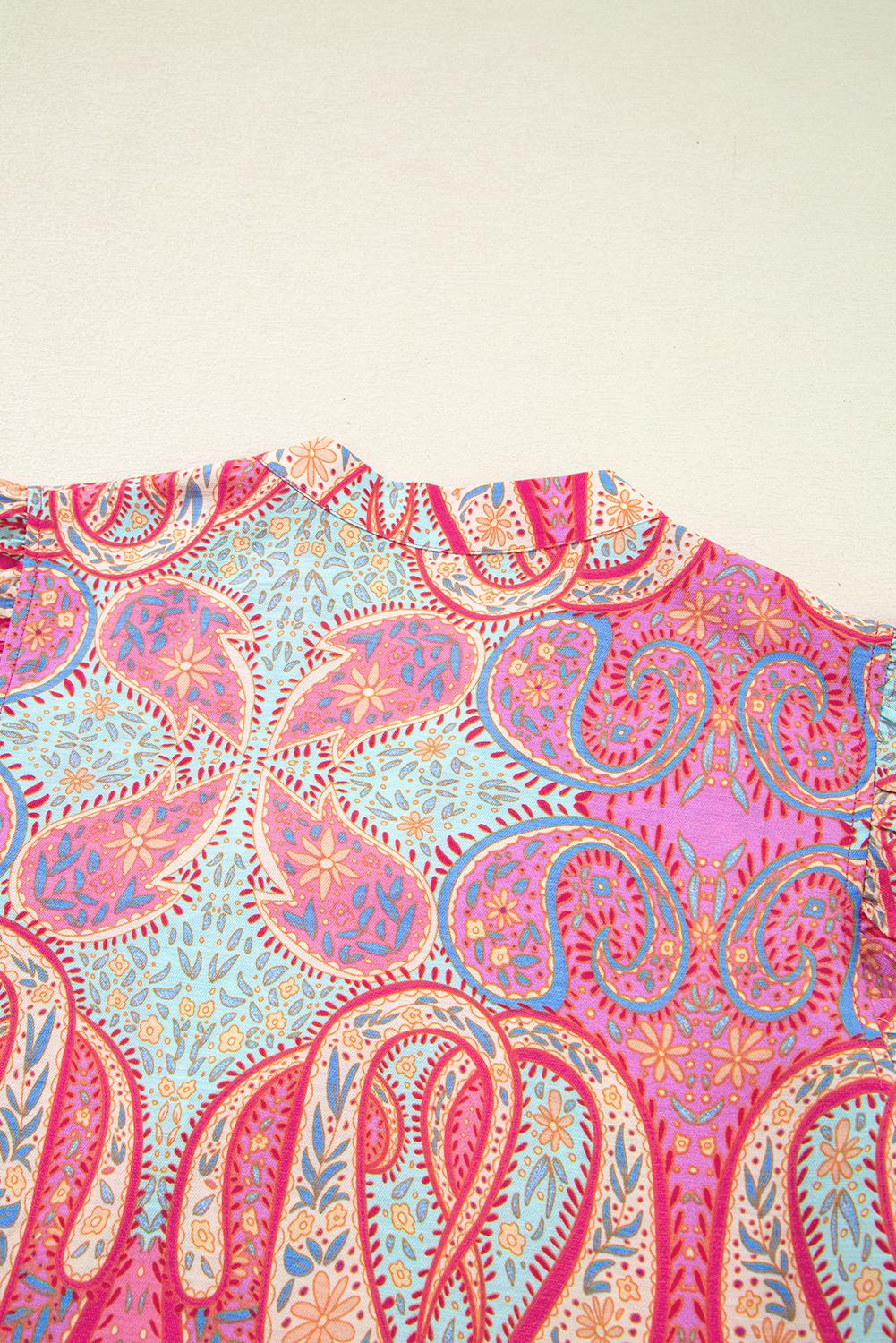 Rose Tribal Paisley Print Ruffled Sleeve Notch Neck Midi Dress