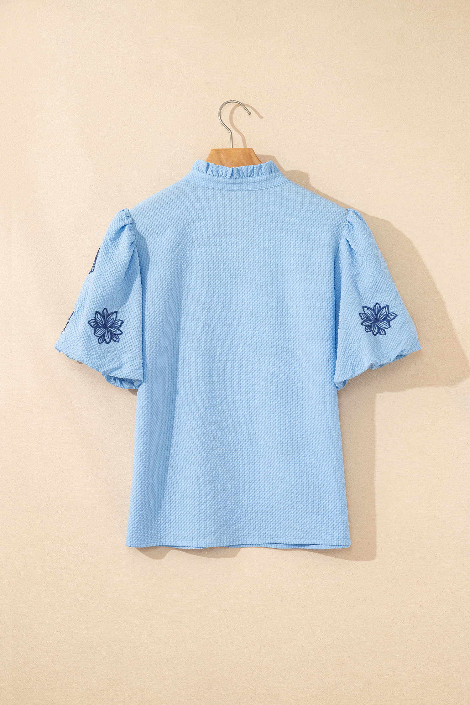 Beau Blue Flower Embroidered Puff Sleeve Split Neck Textured Blouse