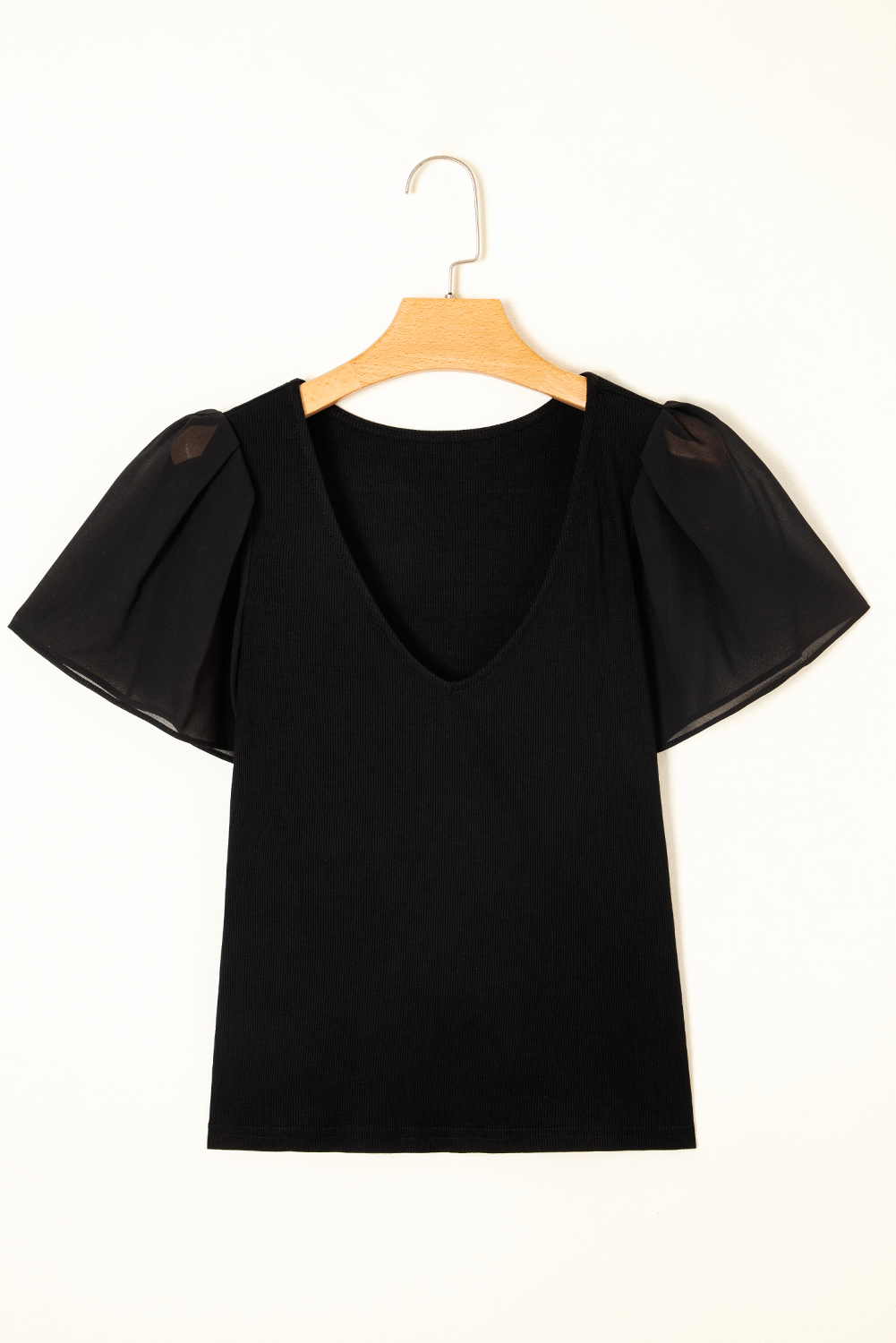 Black Mesh Ruffled Sleeve Slim Fit V Neck Top