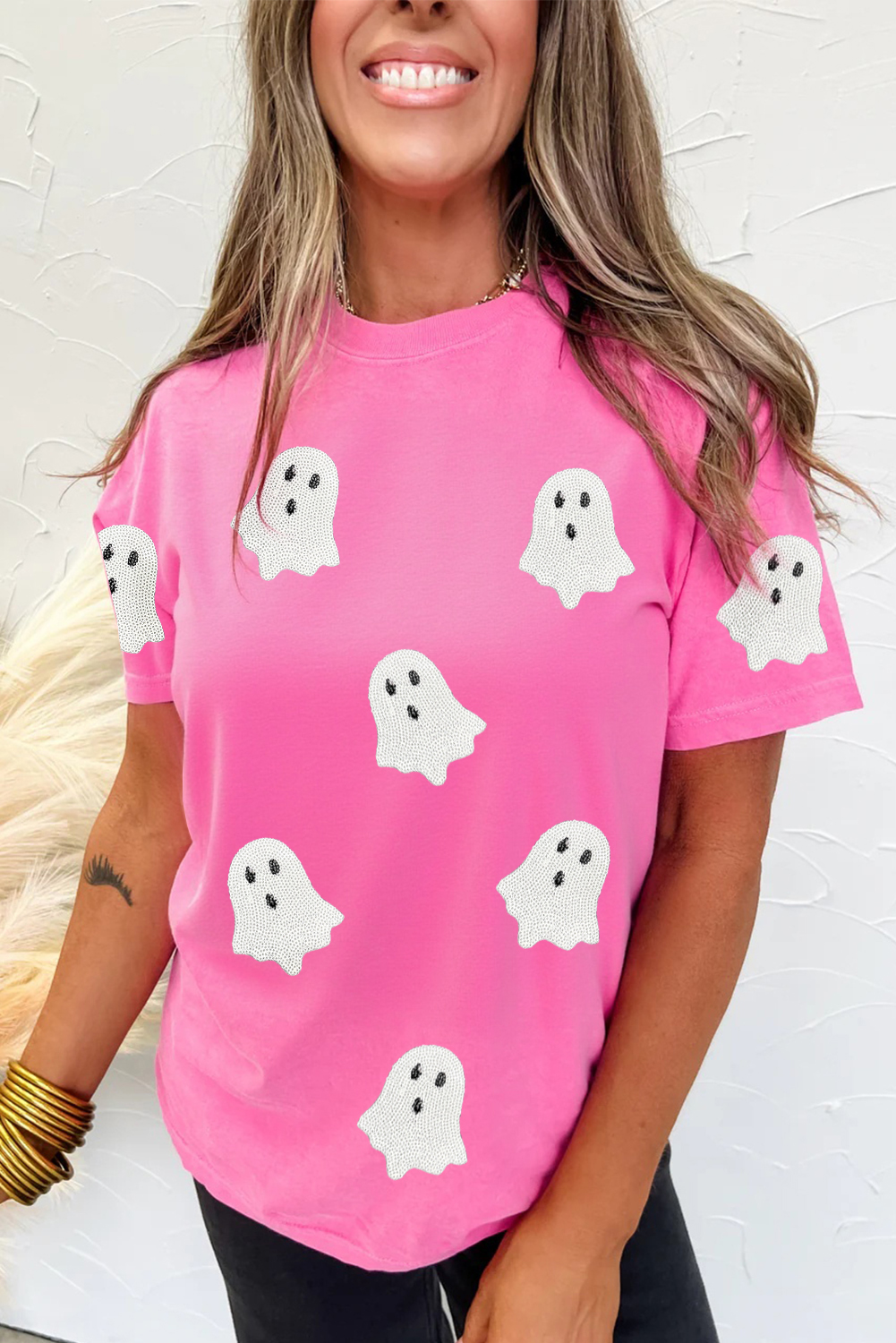 Wisteria Glitter Trim Chenille Ghost Patched Halloween Graphic Tee