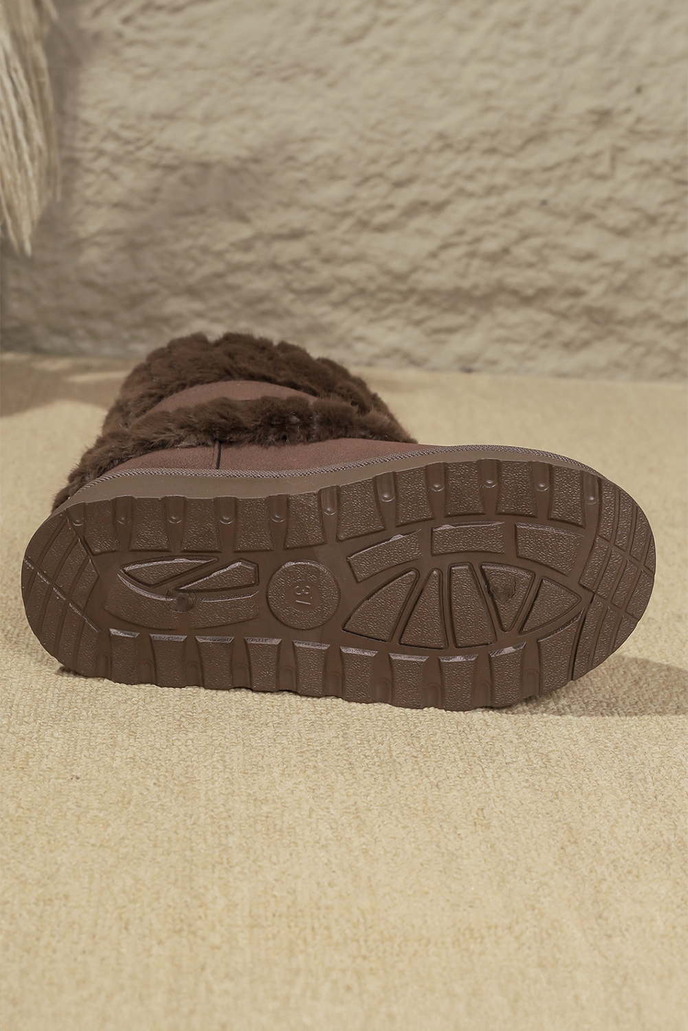 Dark Brown Versatile Fuzzy Cuff Faux Suede PU Leather Slip On Lug Sole Ankle Booties