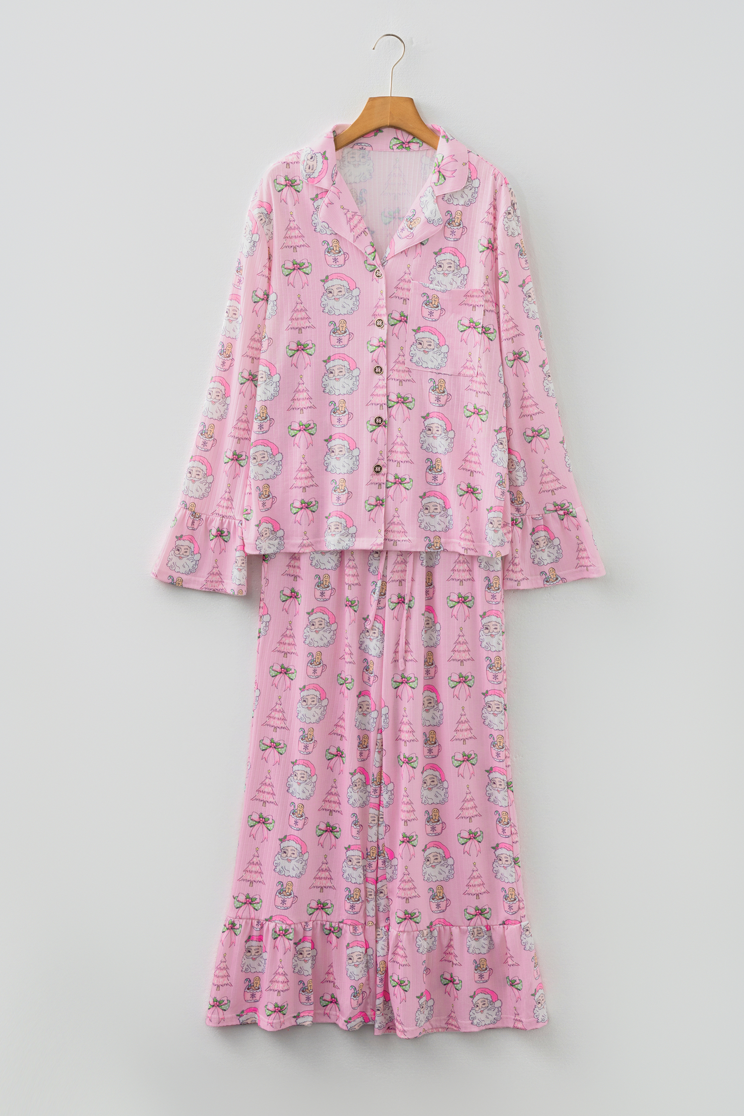 Pink Christmas Print Ruffled Ribbed Shirt & Pants 2 Piece PJ Set