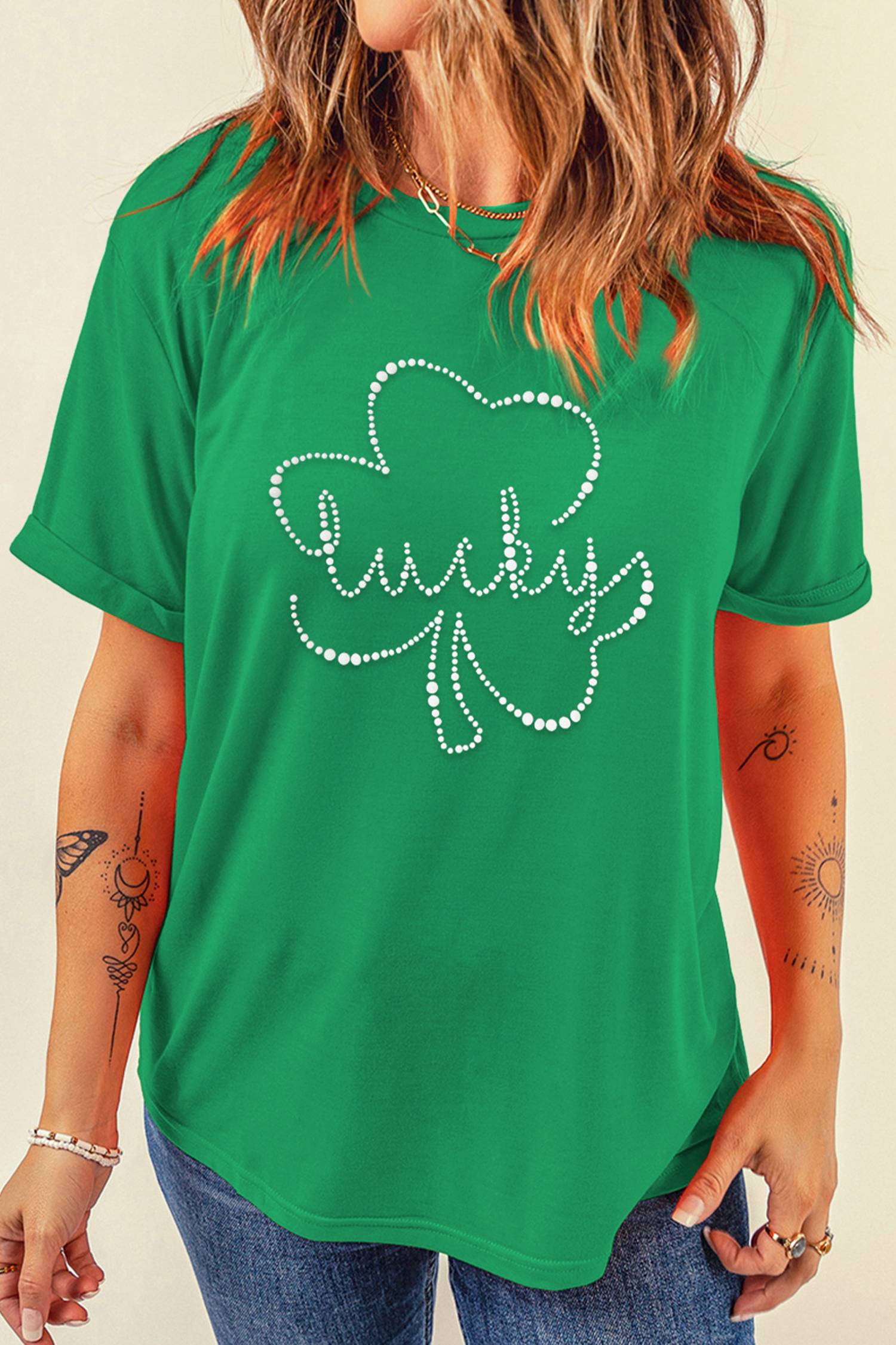 Bright Green Ceramic Rhinestone Lucky Clover Relaxed Round Neck Tee