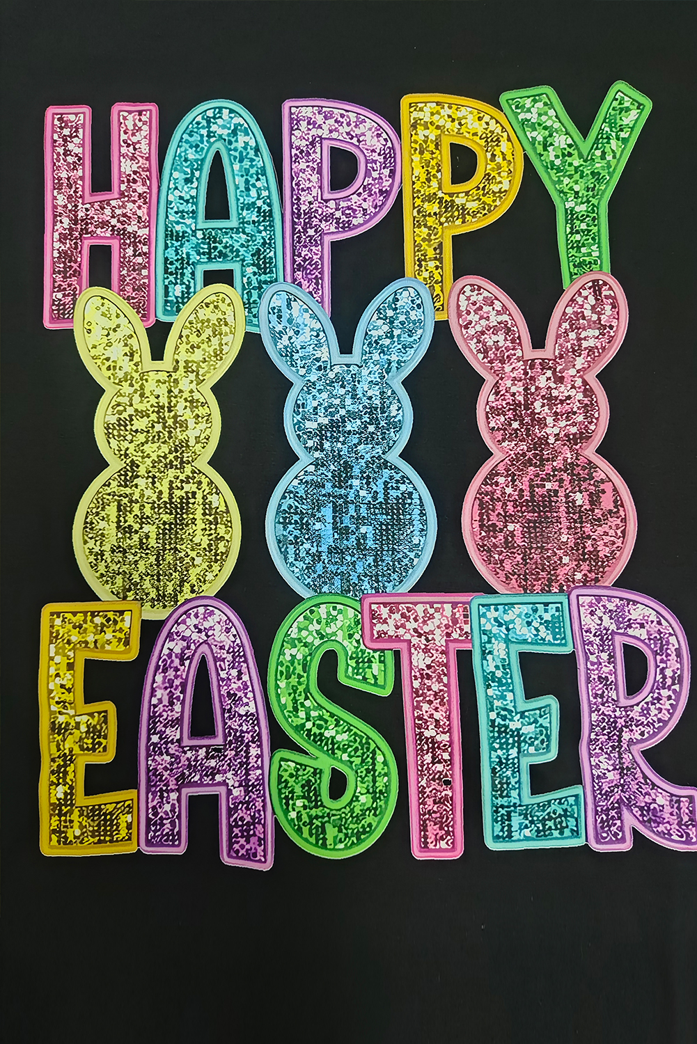 Black Glittering Bunny HAPPY EASTER Graphic T Shirt