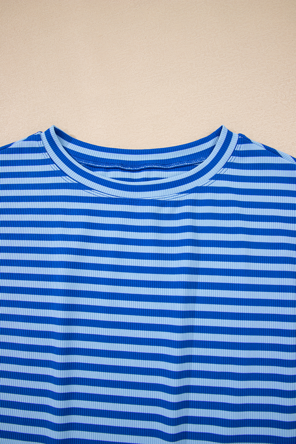 Sky Blue Stripe Ribbed Cap Sleeve Round Neck T Shirt