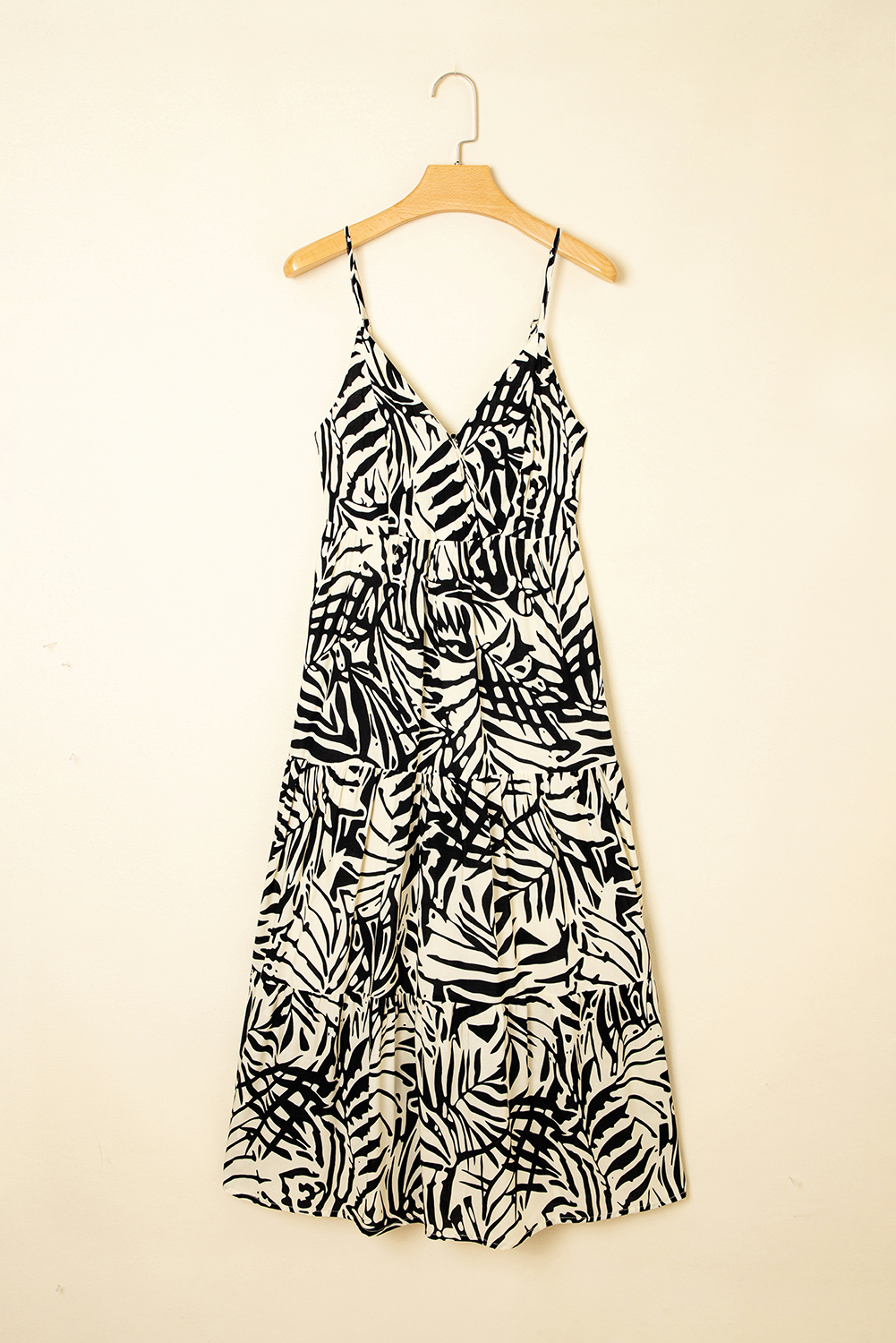 Khaki Tropical Palm Print Wrapped V Neck Spaghetti Straps Tiered Dress