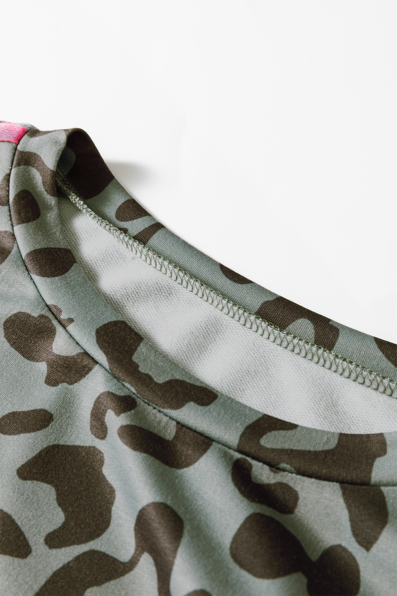 Gray Leopard Print Varsity Striped Trim Long Sleeve Top