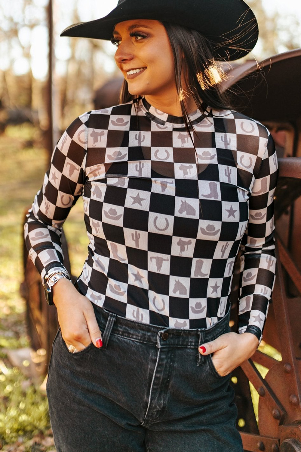 Khaki Checkered Pattern Mesh Mock Neck Long Sleeve Top