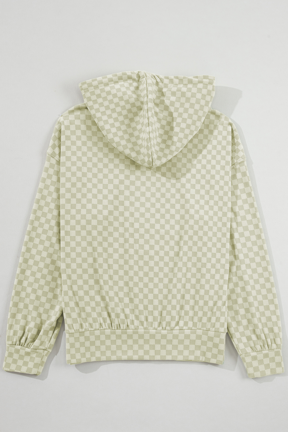 Khaki Checkered Print Kangaroo Pocket Drawstring Hoodie