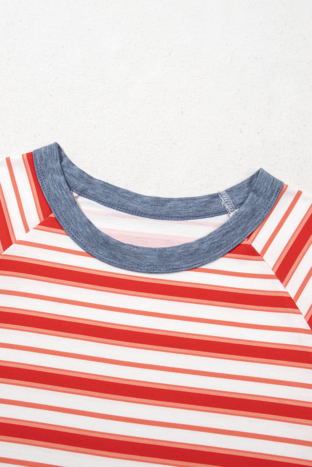 Tomato Red Stripe Print Contrast Collar Raglan Sleeve T Shirt
