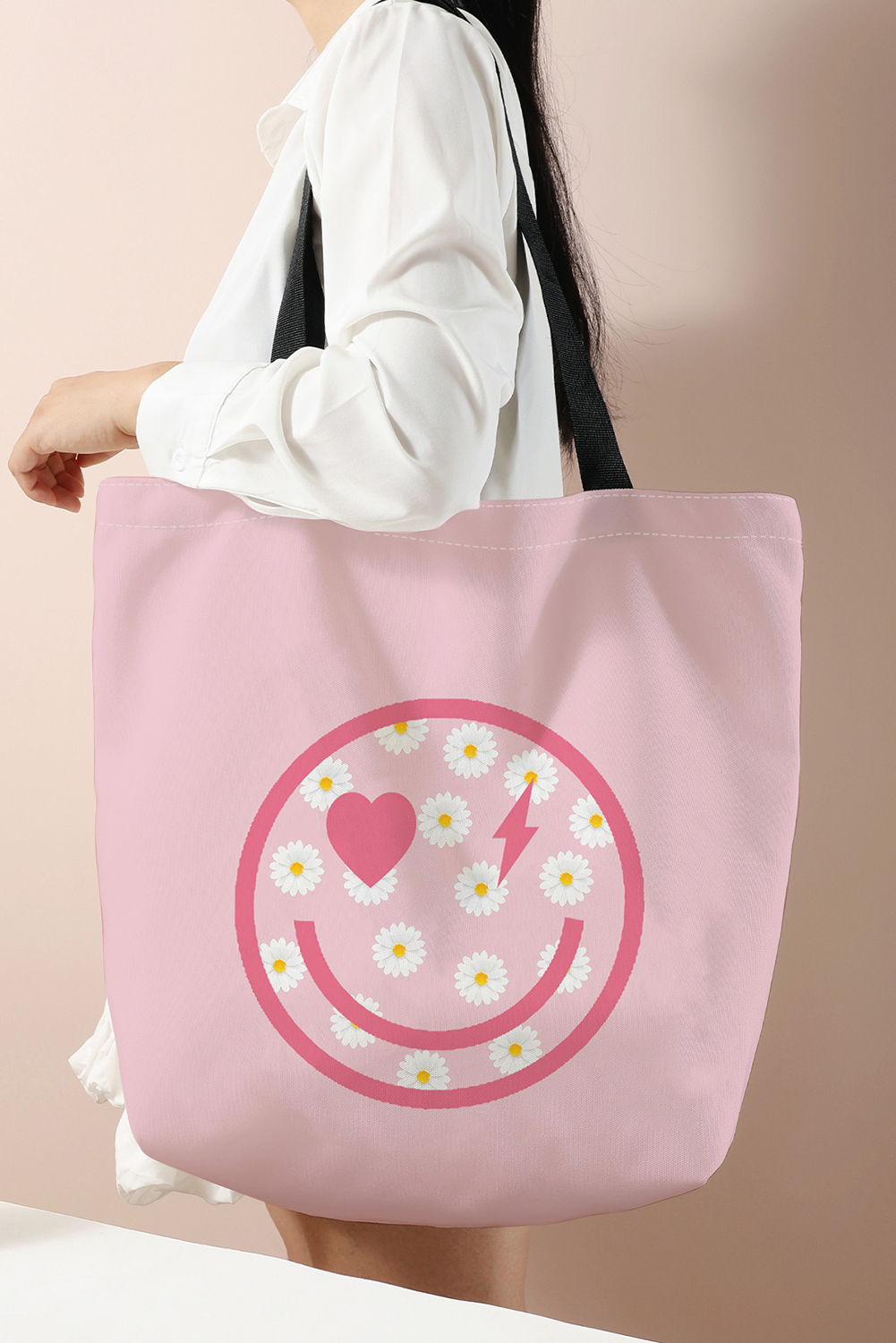 Pink Smiley Face Daisy Print Canvas Large Capacity Tote Bag