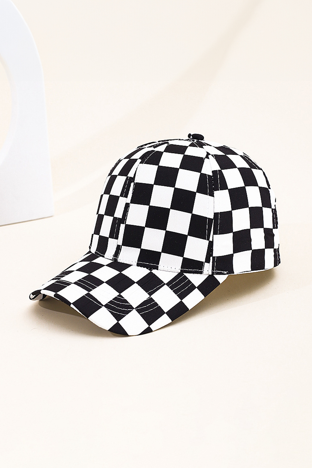 Black 1pc Checkered Pattern Stitch Detail Baseball Cap
