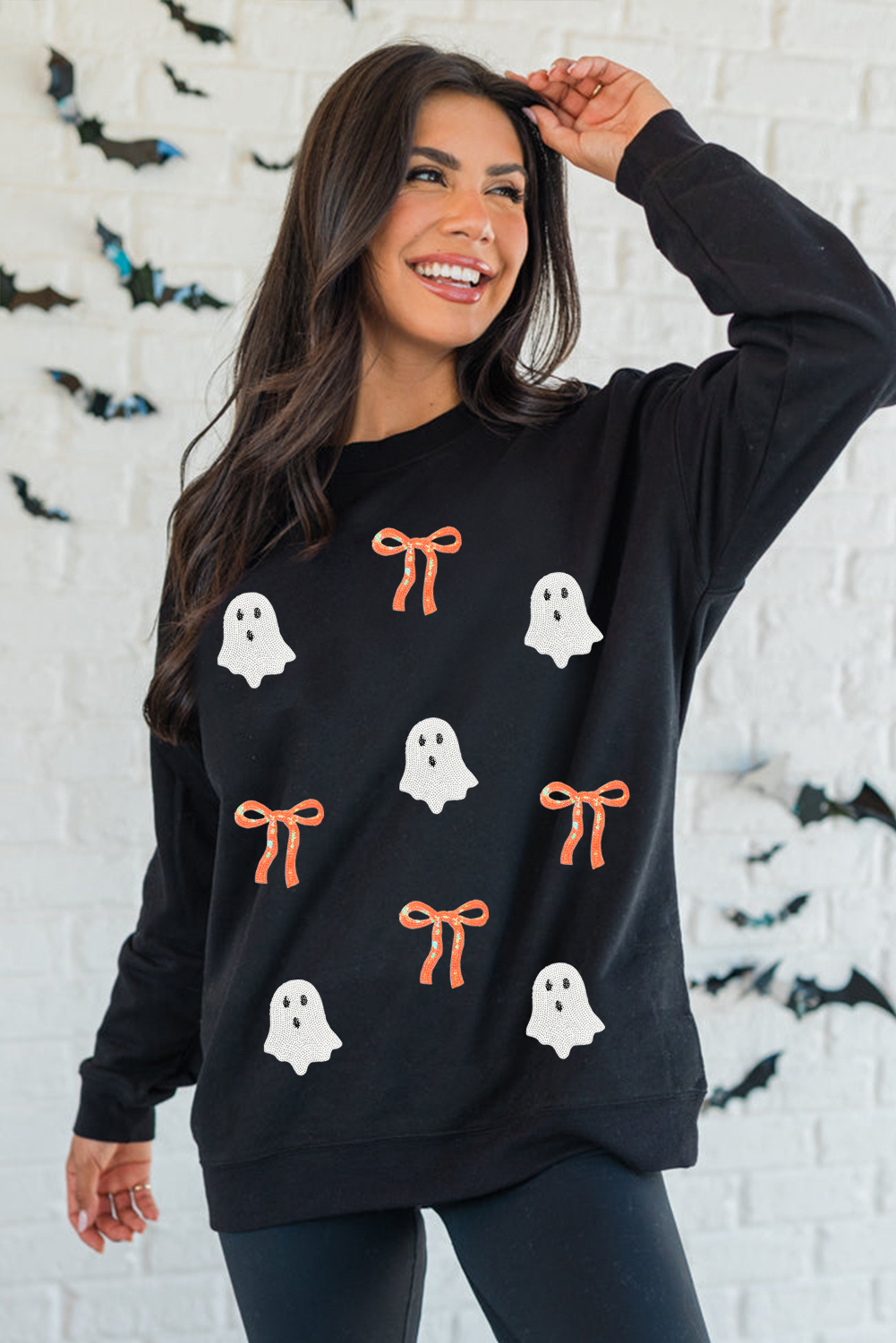 Black Sequin Bow Ghost Patched Halloween Graphic Tee