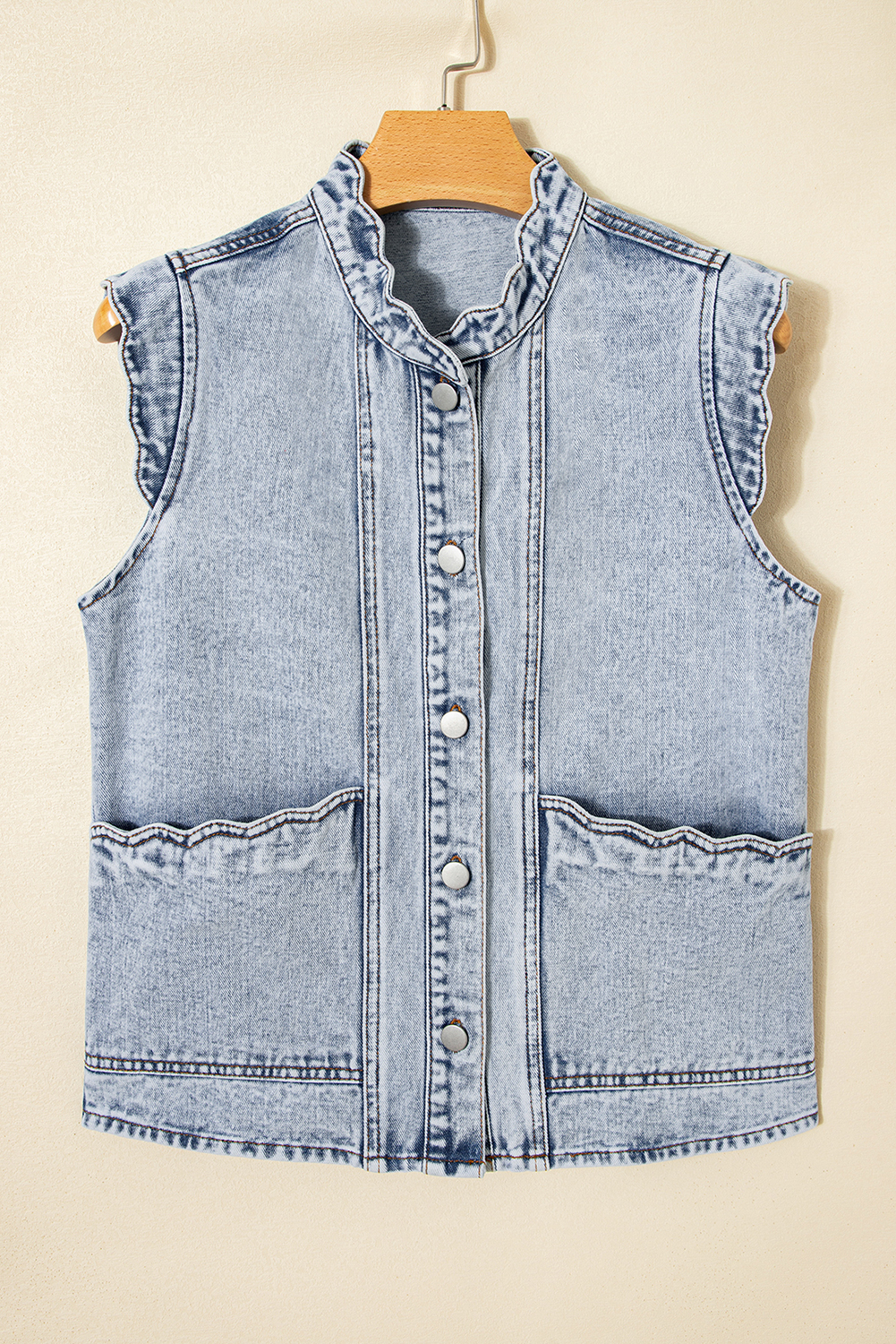 Beau Blue Scalloped Trim Patch Pocket Button Front Denim Vest