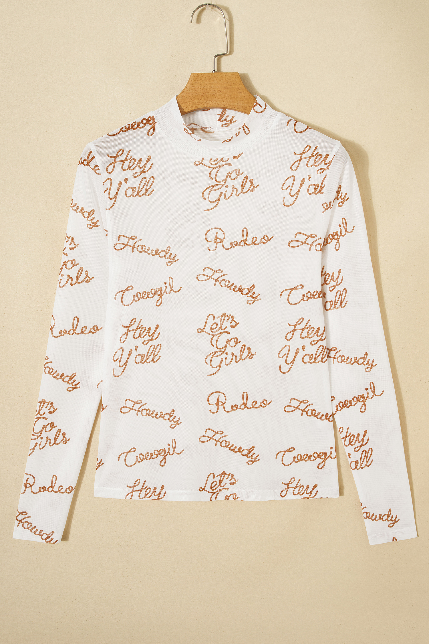 White Howdy Hey Yall Mesh High Neck Long Sleeve Top