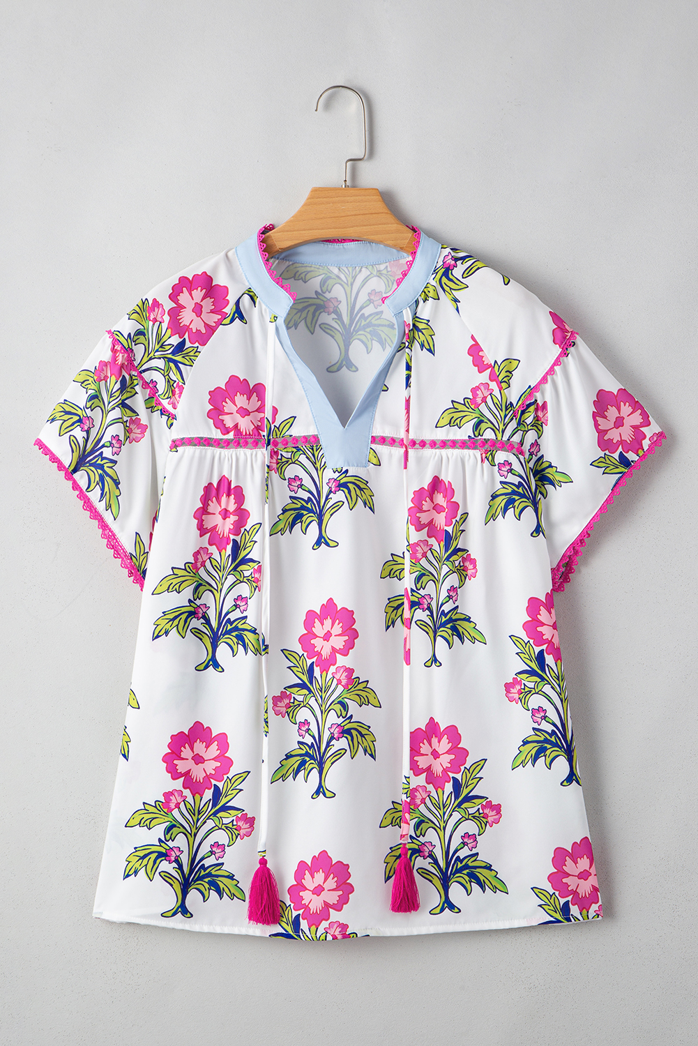 Rose Vintage Floral Print Contrast Notched V Neck Plus Size Summer Blouse