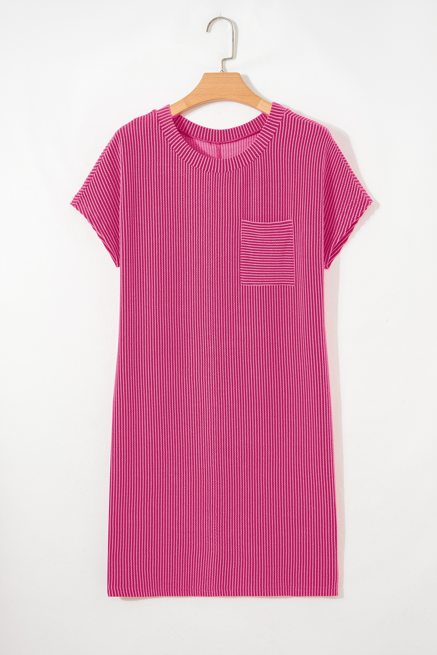Bright Pink Striped Ribbed Knit T-shirt Shift Dress