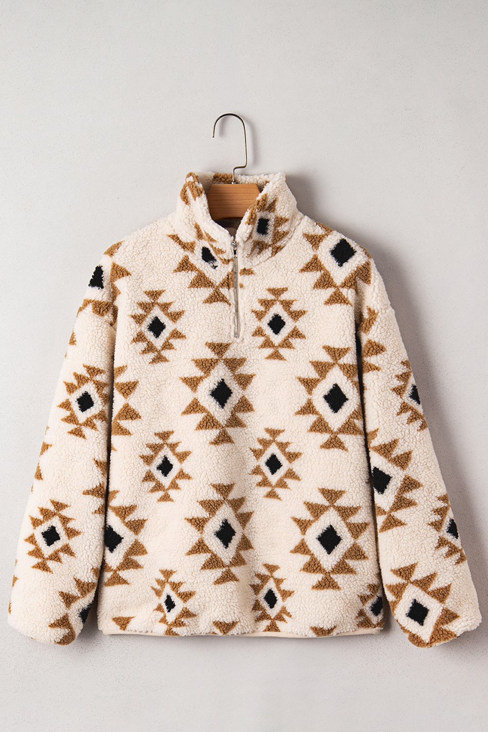 Khaki Aztec Print Sherpa Quarter Zip Collar Sweatshirt