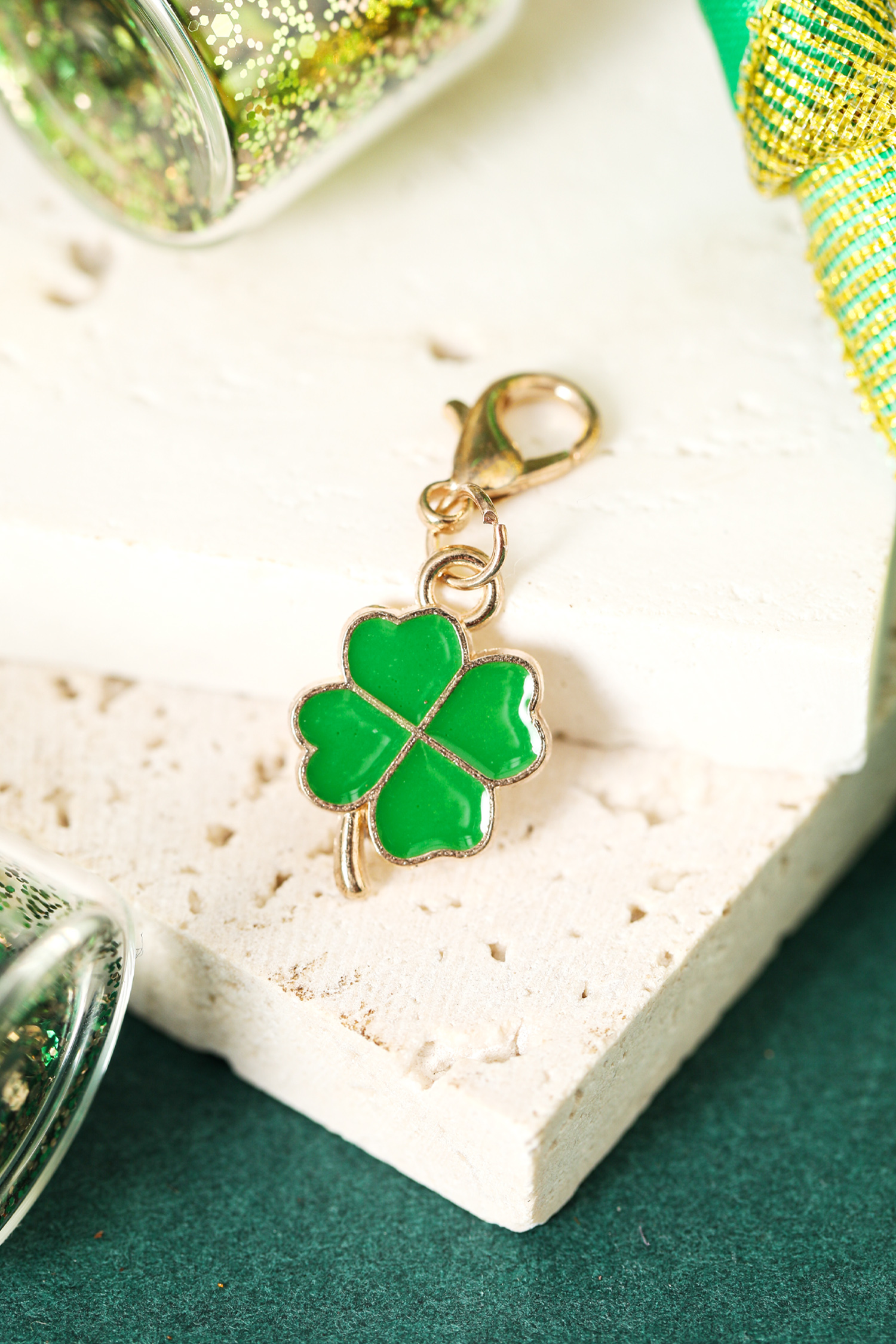 Green Enamel Lucky Clover Key Buckle St Patricks Day Lobster Clasp Pendant