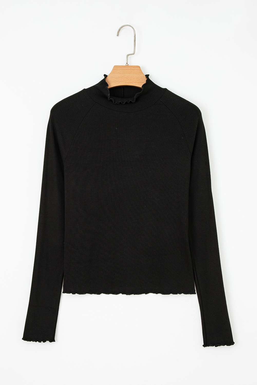 Black Ribbed Knit Lettuce Trim High Neck Long Sleeve Top