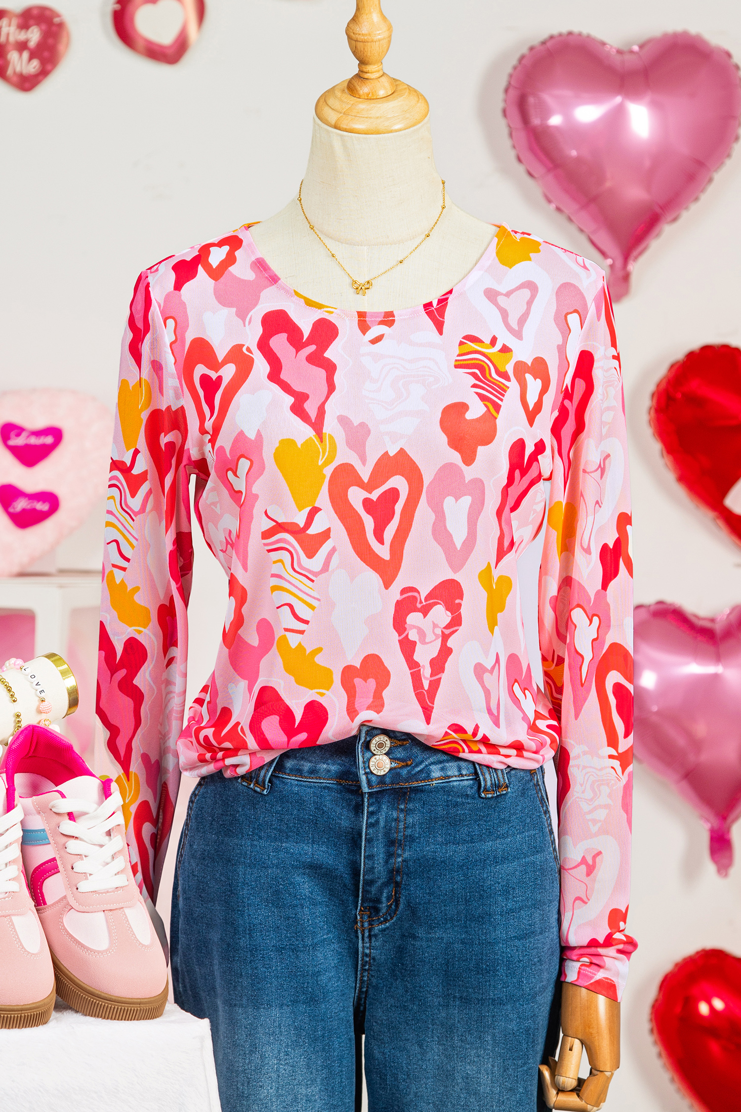 Rose Valentine Heart Mesh Long Sleeve Top