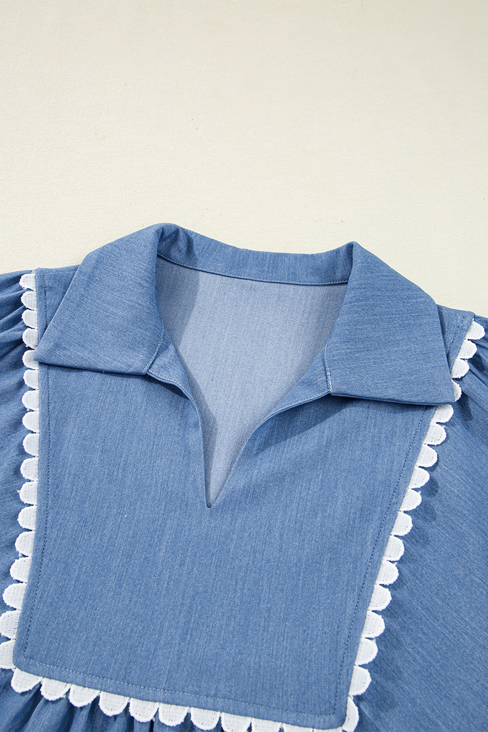 Dusk Blue Lace Ric Rac 3/4 Puff Sleeve Collared Babydoll Blouse