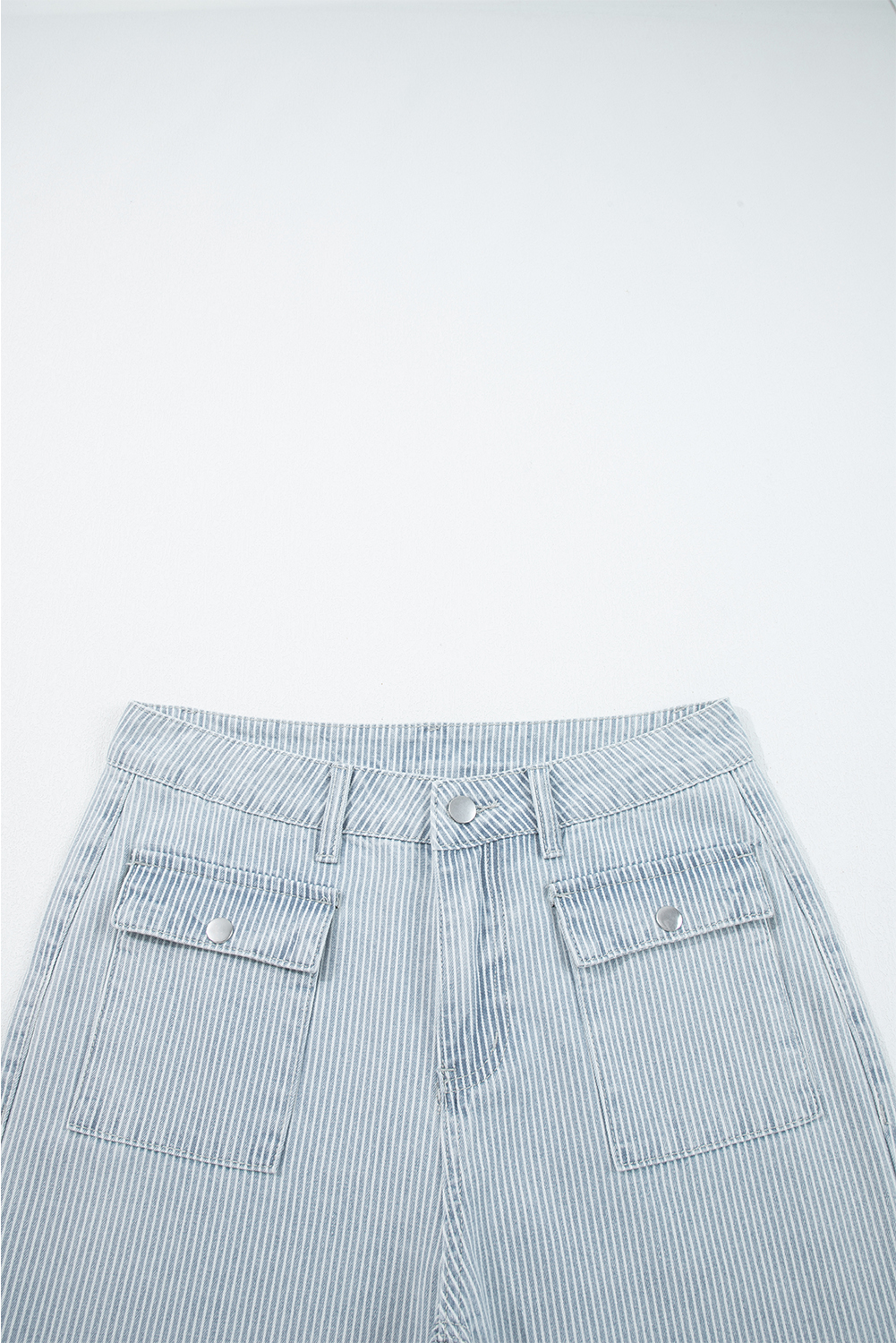 Sky Blue Stripe Button Flap Pocket Cuffed Hem Wide Leg Jeans