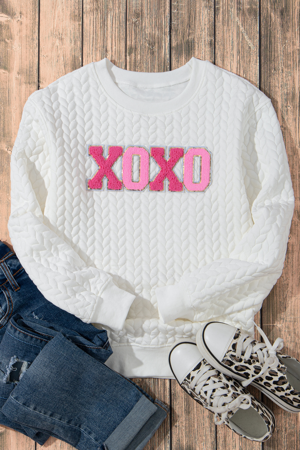 White LOVE Chenille Embroidered Cable Knit Pullover Sweatshirt