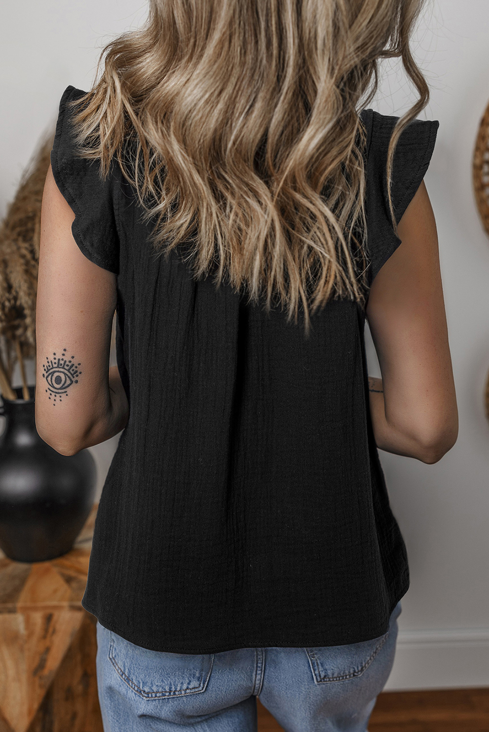 Black Ruffled Shoulder V Neck Shift Tank Top