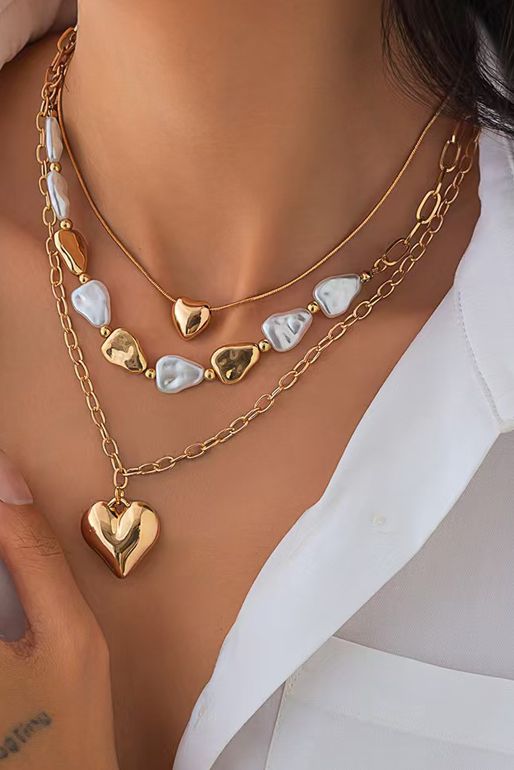 Gold Plated Layered Heart Pendant Irregular Pearl Layered Necklace