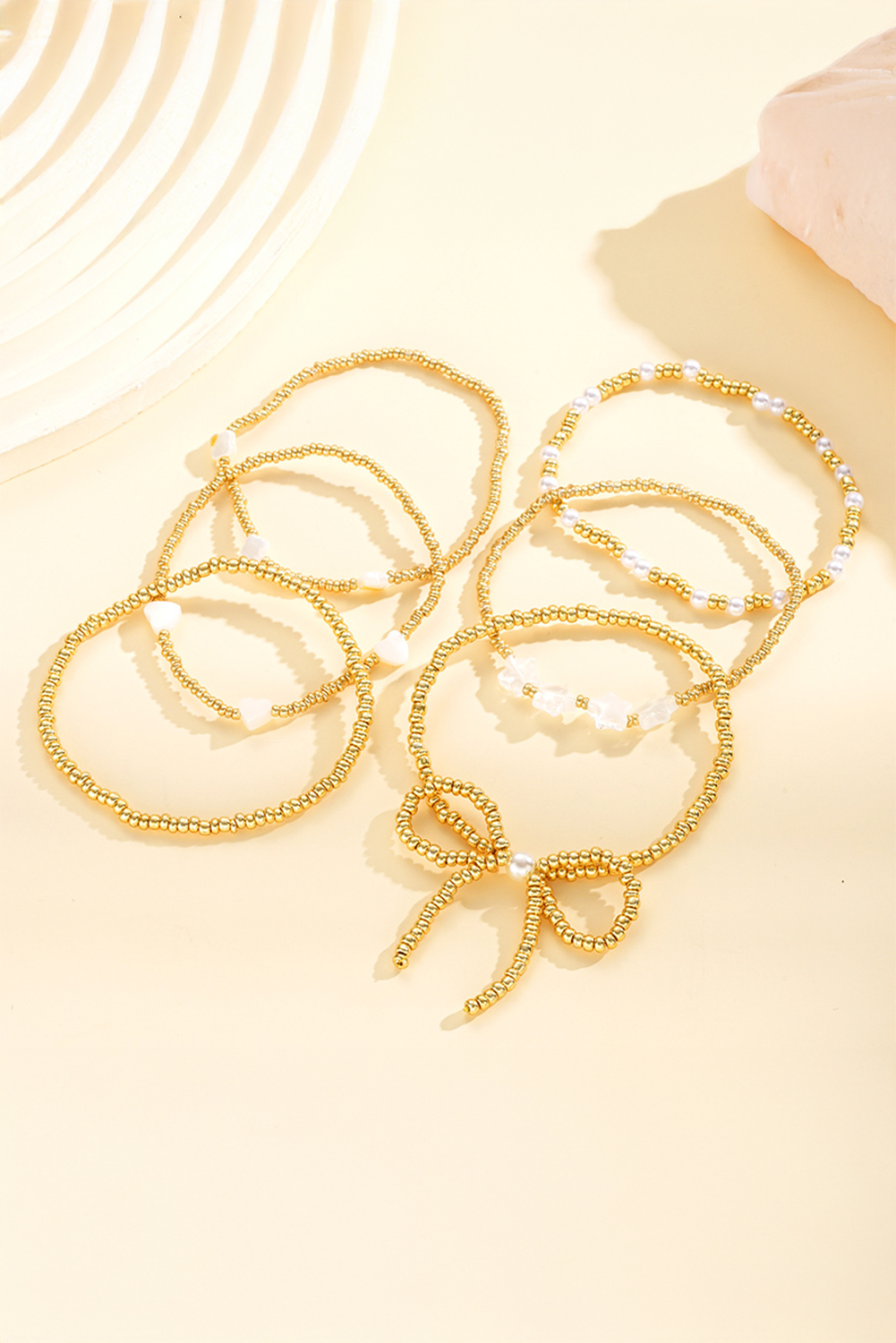 Gold Bow Knot Star Heart Beaded Multi Layer Bracelet