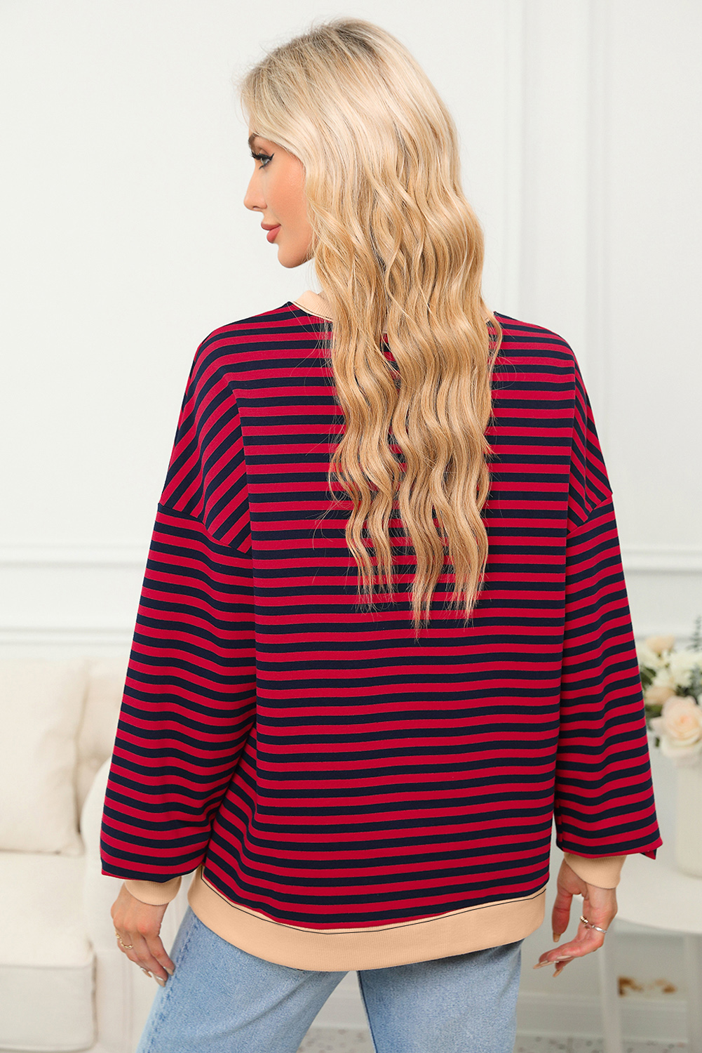 Red Stripe Contrast Ribbed Trim Crossed Stitch Drop Shoulder Sweatshirt