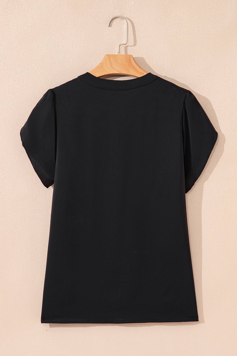 Black Silky Notched Neckline Petal Sleeve Blouse