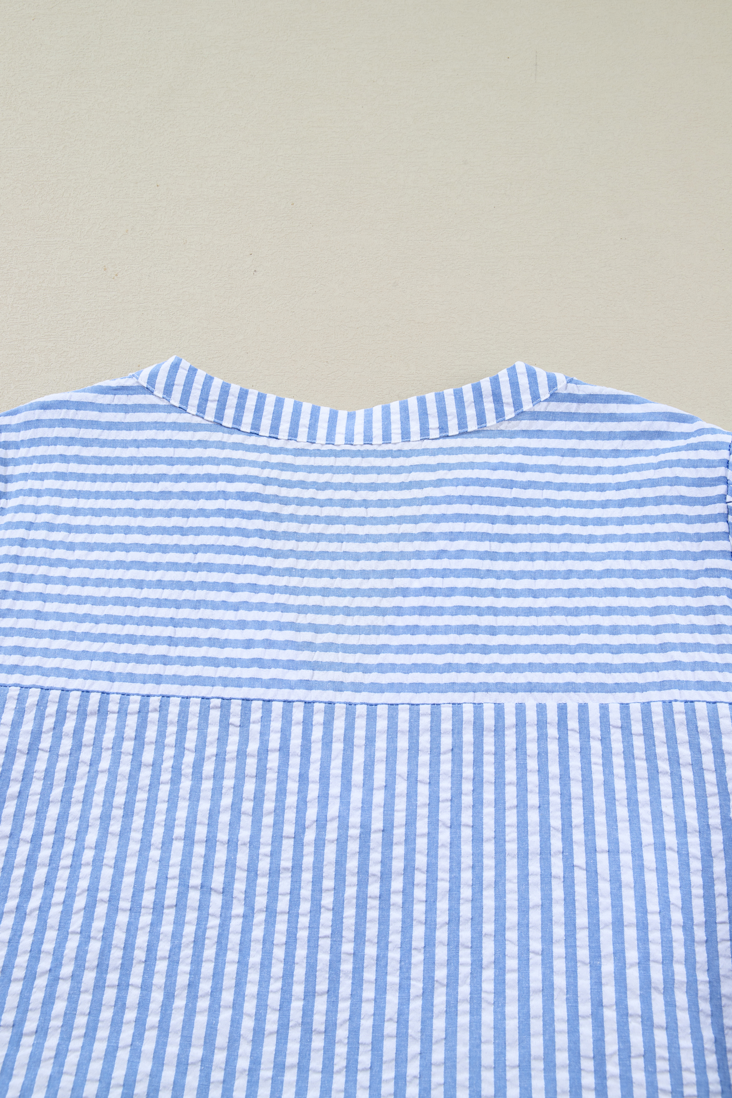 Sky Blue Stripe Seersucker Textured Notched Neck Long Puff Sleeve Tiered Curvy Dress