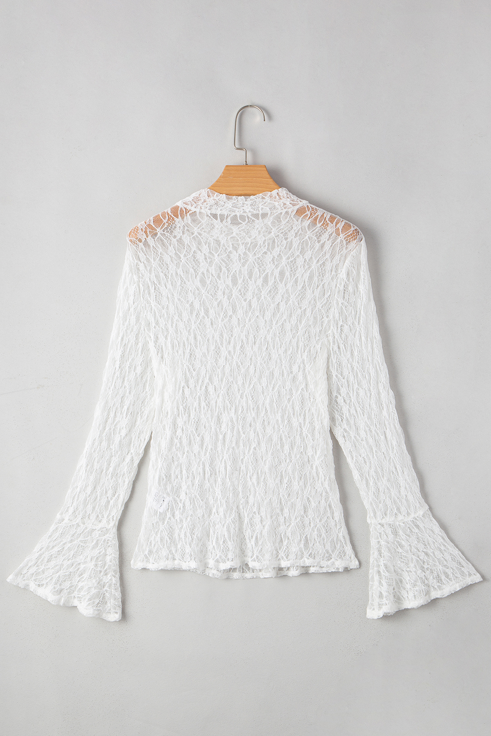 White Sheer Lace Bell Sleeve Mock Neck Blouse