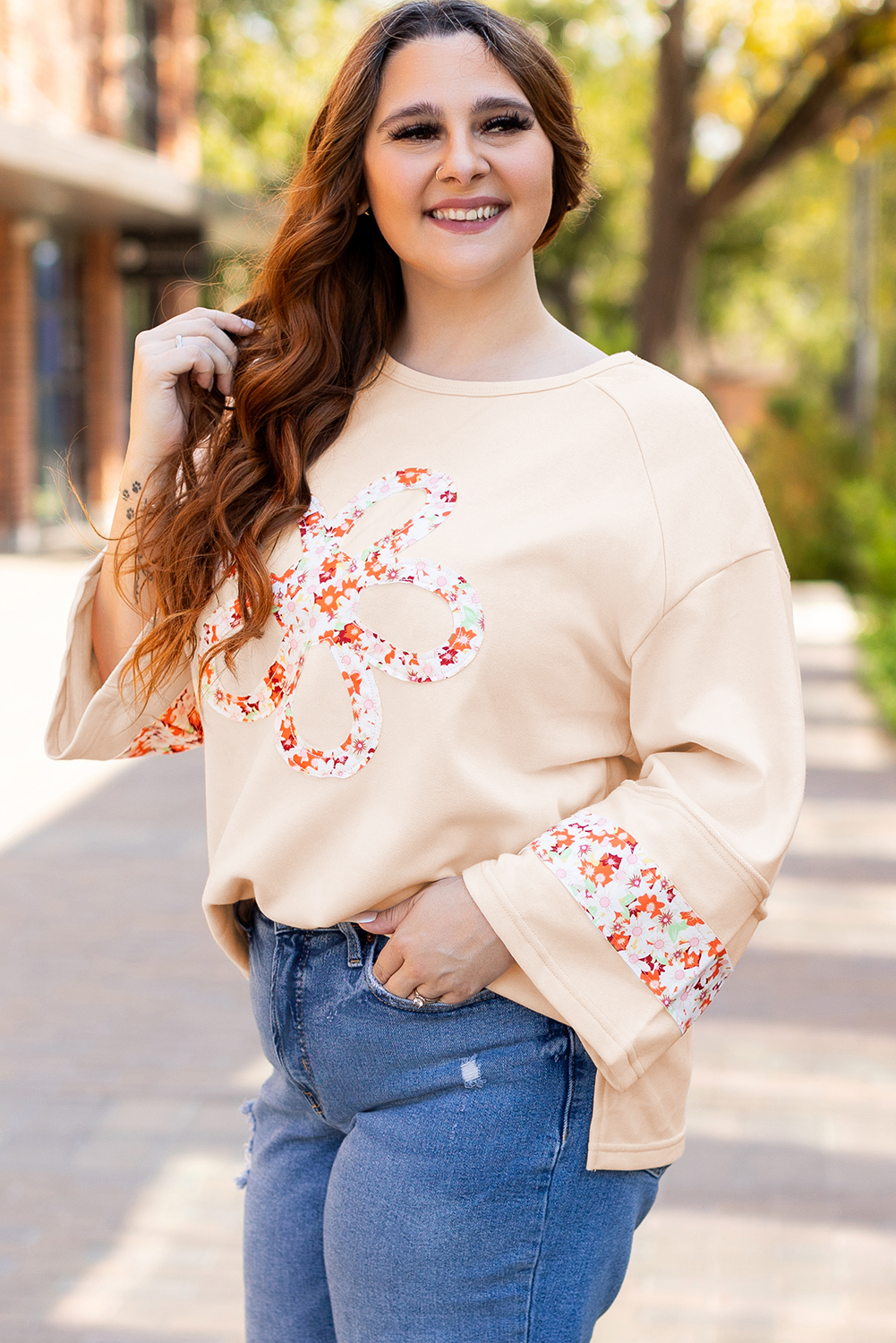Beige Flower Patch Graphic Exposed Seam Wide Sleeve Top