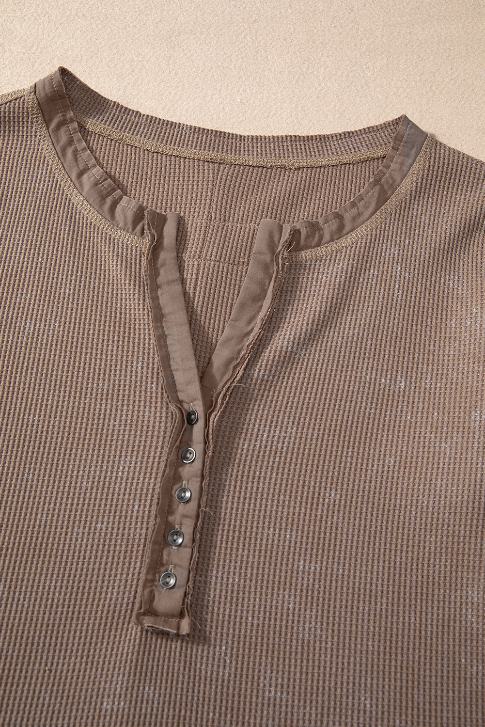 Smoke Green Acid Wash Waffle Knit Buttoned Neckline Long Sleeve Top