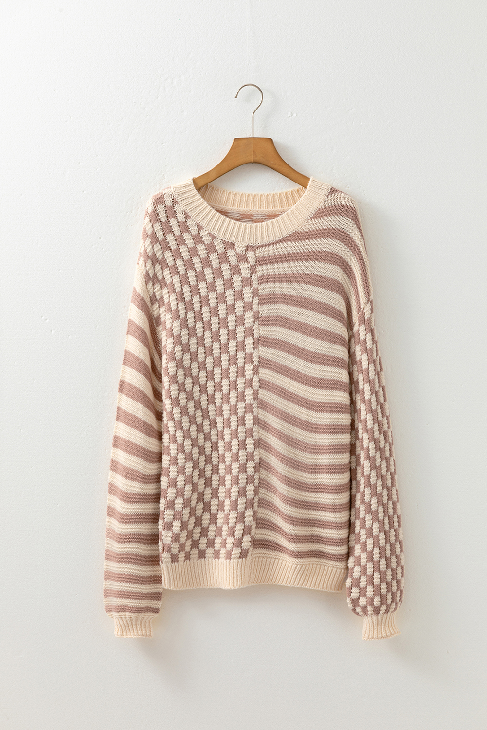 Khaki Stripe Checkerboard Drop Shoulder Balloon Sleeve Sweater