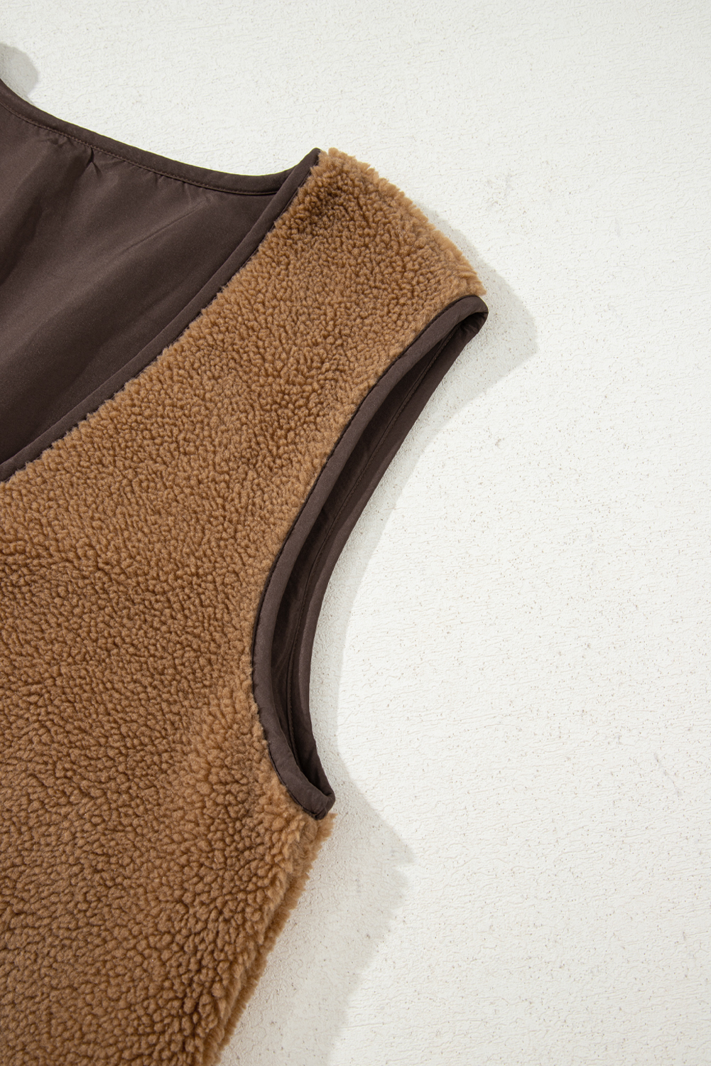 Light French Beige Contrast Trim Tie Front Sherpa Vest