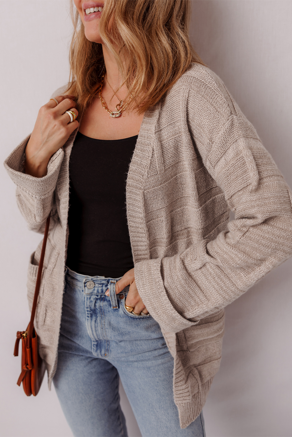 Delicacy Textured Knit Open Front Chic Cardigan with Pockets