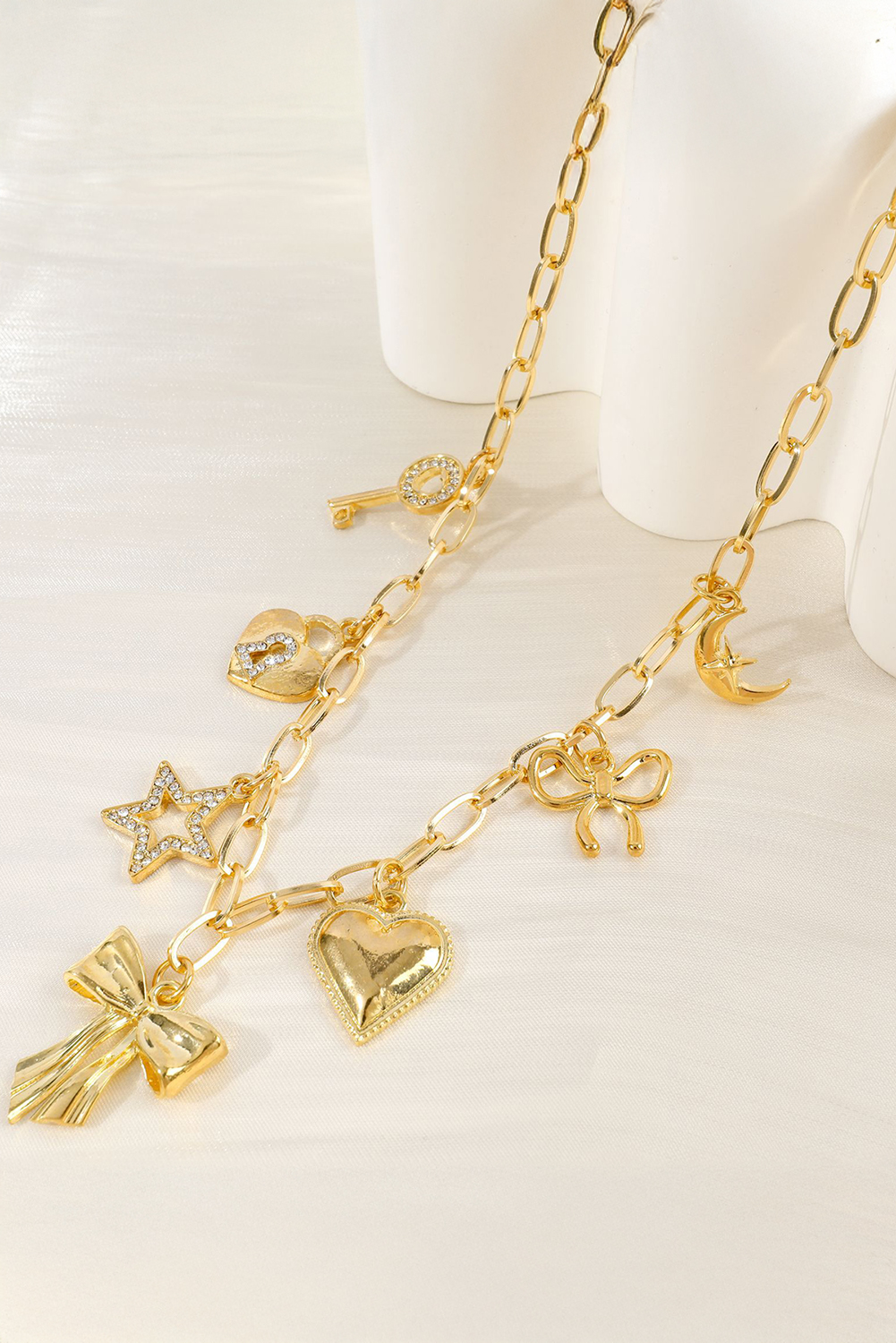 Gold Bow Heart Star Key Charm Alloy Adjustable Chain Necklace